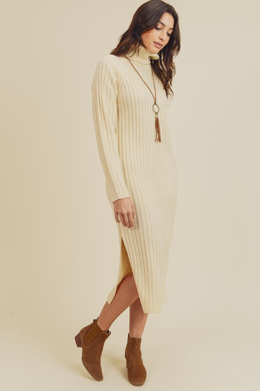 Ribbed Knit Turtleneck Sweater Dress - Cream