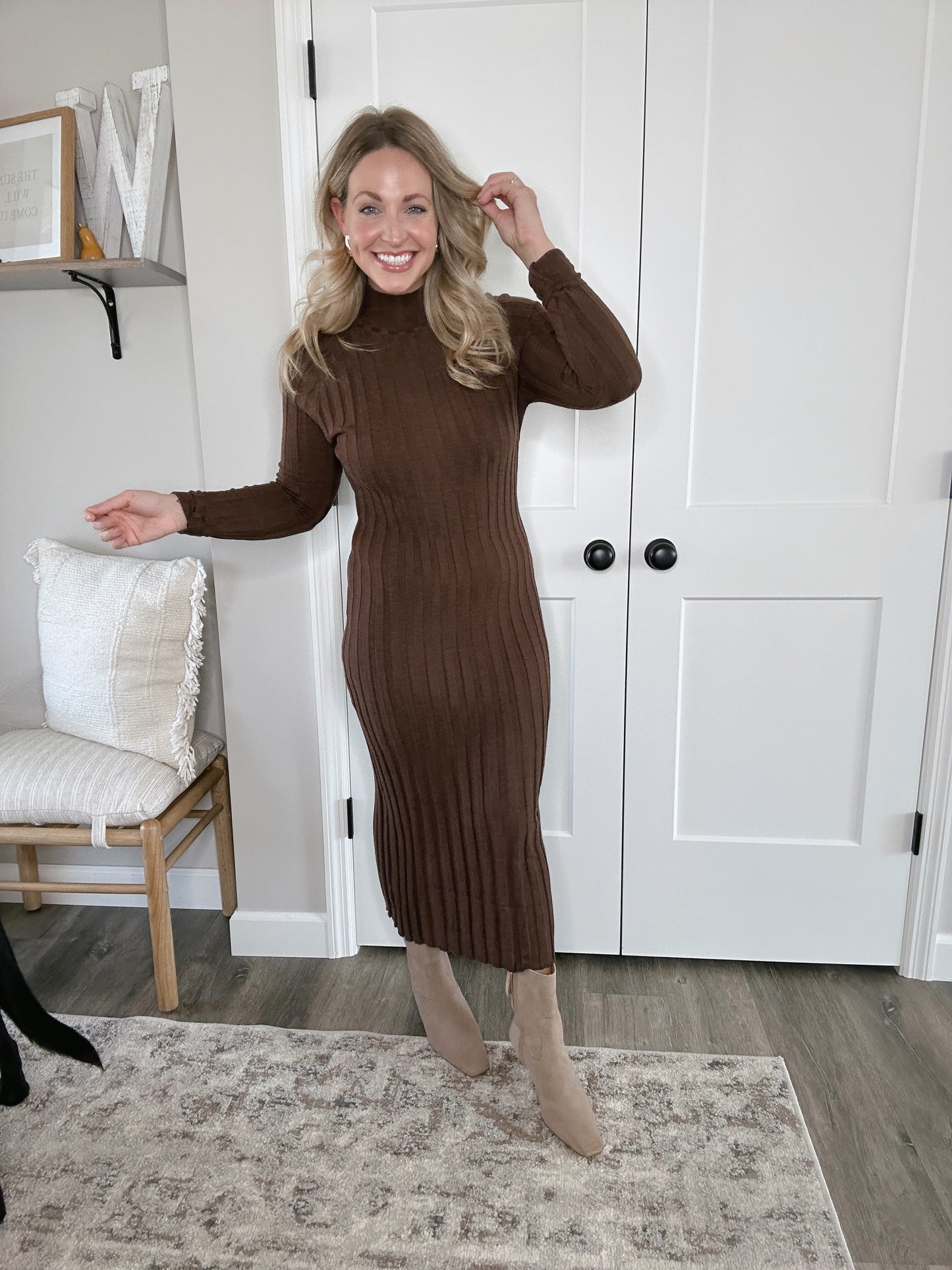 Ribbed Knit Turtle Neck Sweater Dress