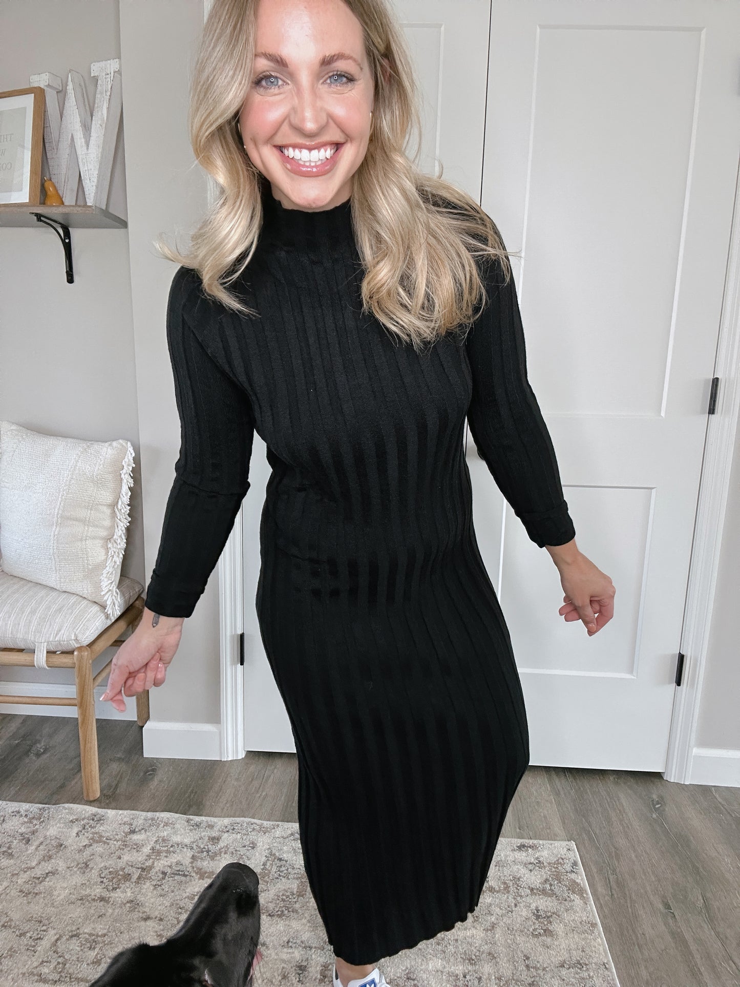 Ribbed Knit Turtle Neck Sweater Dress