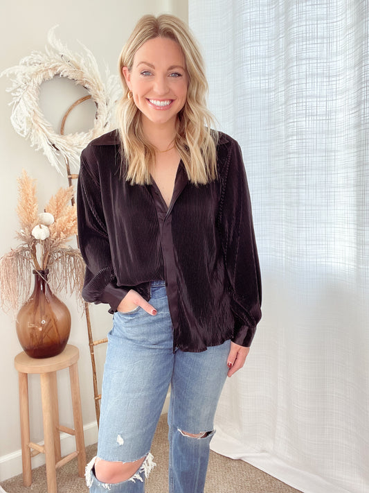 Pleated Satin Button Down Top