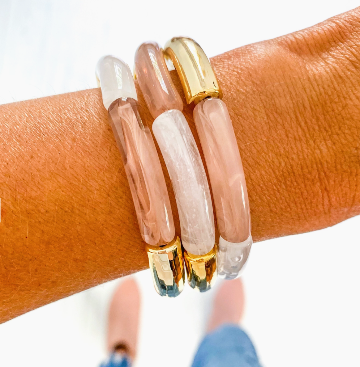 Neutral Marble + Gold Acrylic Tube Bamboo Bracelet